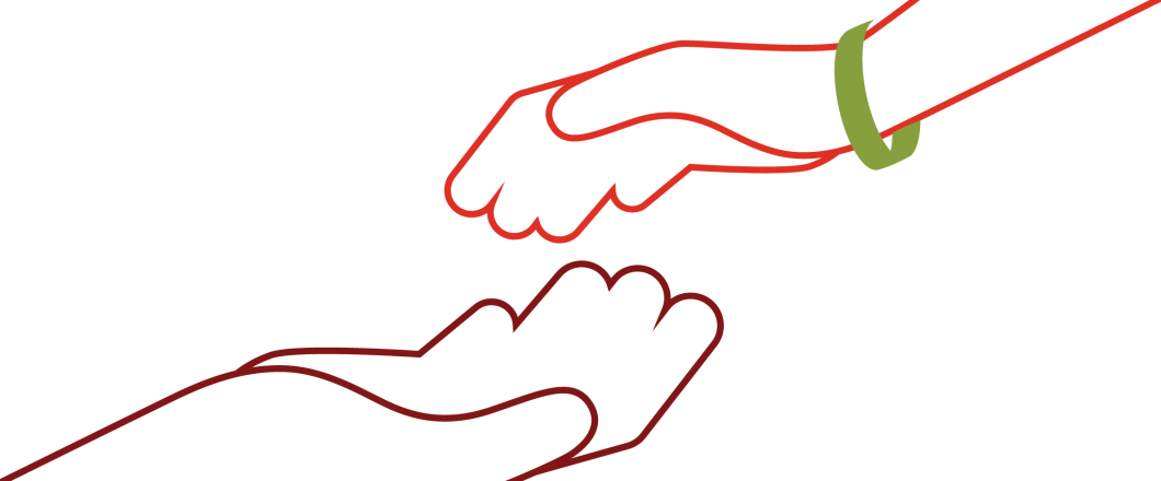 The hand of a person reaching for a patient's hand